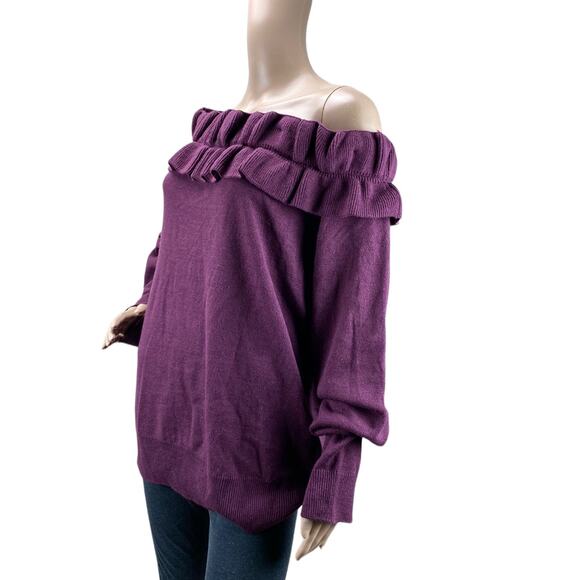 Collective Concepts Women Burgundy Knitted Ruffle Off The Shoulder Sweater Top L - Picture 2 of 5